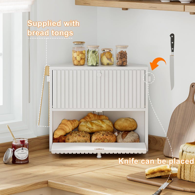 WOWLIVE Corner Bread Box for Kitchen Countertop, Large Vintage Bread Storage Container Bin for Homemade Bread, Double Layer Farmhouse Bread Holder for Kitchen, Cabinet, Pantry (White, Medium) - Image 5