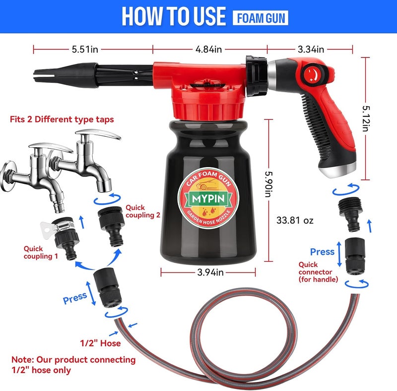 Mypin 16 IN 1 Car Wash Foam Gun, Foam Cannon,Adjustable Hose Wash Sprayer with 2.5 to 6 Bars Foam Blaster,Suitable for Car Cleaning and Garden Use with 1/2” Quick Connector（Black） - Image 3