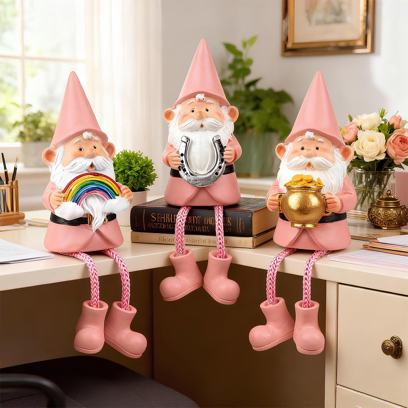 Lixintray 3 Pack Pink Gnome Statues with Dangling Legs - Cute Resin Gnome Figurines with Lucky Elements, Shelf Ornaments Decor for Home, Office, Gift for Women Mom Grandma - Image 3