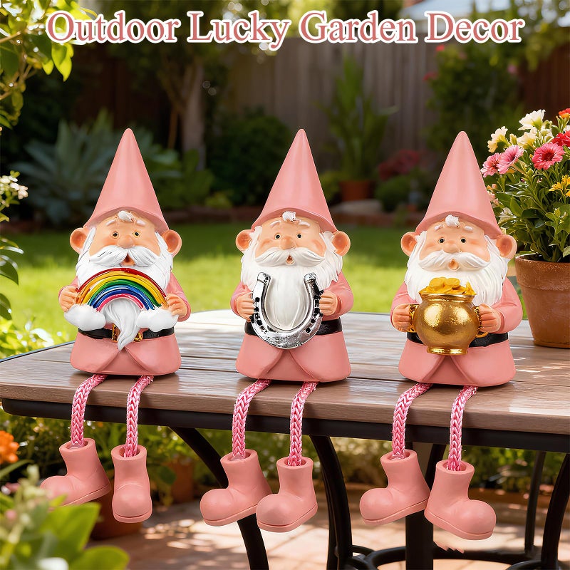 Lixintray 3 Pack Pink Gnome Statues with Dangling Legs - Cute Resin Gnome Figurines with Lucky Elements, Shelf Ornaments Decor for Home, Office, Gift for Women Mom Grandma - Image 5
