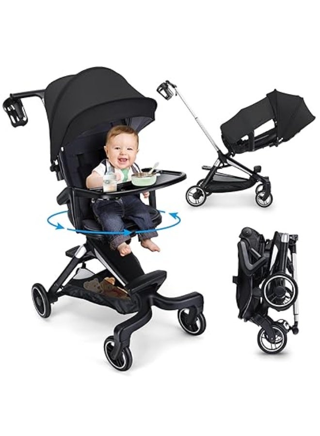 HRT WALL Lightweight Baby Stroller,  Compact Travel Toddler Stroller with Tray and 360°Rotational Seat, One Hand Foldable Infant Trave for Airplane Toddler Stroller with Cup Holder & Baket-Black