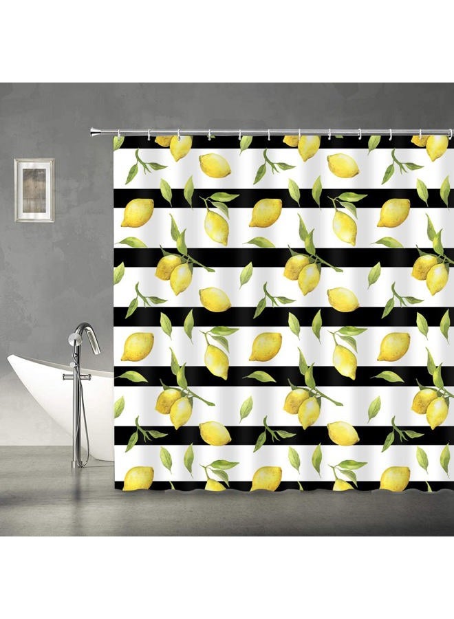 Abaysto Cute Lemon Summer Leaf Shower Curtains， Yellow Fruit Green Leaves Plant Bathroom Shower Curtain，Black Stripe Citrus Waterproof Fabric Bath Decor Set with 12 Hooks（72Wx72H Inch） - Image 1