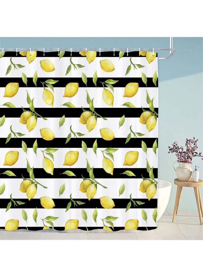 Abaysto Cute Lemon Summer Leaf Shower Curtains， Yellow Fruit Green Leaves Plant Bathroom Shower Curtain，Black Stripe Citrus Waterproof Fabric Bath Decor Set with 12 Hooks（72Wx72H Inch） - Image 2