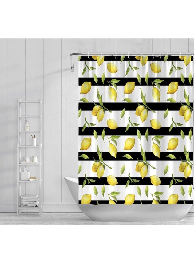 Abaysto Cute Lemon Summer Leaf Shower Curtains， Yellow Fruit Green Leaves Plant Bathroom Shower Curtain，Black Stripe Citrus Waterproof Fabric Bath Decor Set with 12 Hooks（72Wx72H Inch） - Image 4
