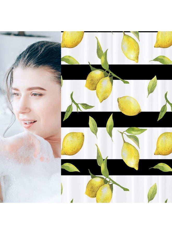 Abaysto Cute Lemon Summer Leaf Shower Curtains， Yellow Fruit Green Leaves Plant Bathroom Shower Curtain，Black Stripe Citrus Waterproof Fabric Bath Decor Set with 12 Hooks（72Wx72H Inch） - Image 5