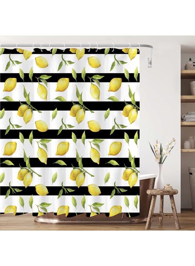 Abaysto Cute Lemon Summer Leaf Shower Curtains， Yellow Fruit Green Leaves Plant Bathroom Shower Curtain，Black Stripe Citrus Waterproof Fabric Bath Decor Set with 12 Hooks（72Wx72H Inch） - Image 3
