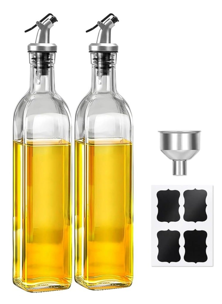 HOME ZONE Olive Oil Dispenser Bottle Set of 2 Oil and Vinegar Cruet Set 17oz 500 ml Oil Bottles for Kitchen Square Tall Glass Oil Bottle with 4 Labels 2 Pourers and 1 Funnel（500ml） - Image 1