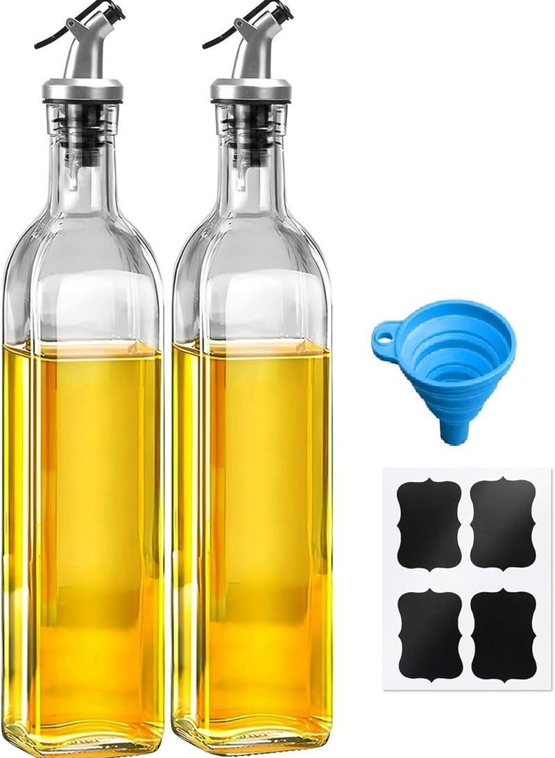 HOME ZONE Olive Oil Dispenser Bottle Set of 2 Oil and Vinegar Cruet Set 17oz 500 ml Oil Bottles for Kitchen Square Tall Glass Oil Bottle with 4 Labels 2 Pourers and 1 Funnel（500ml） - Image 2