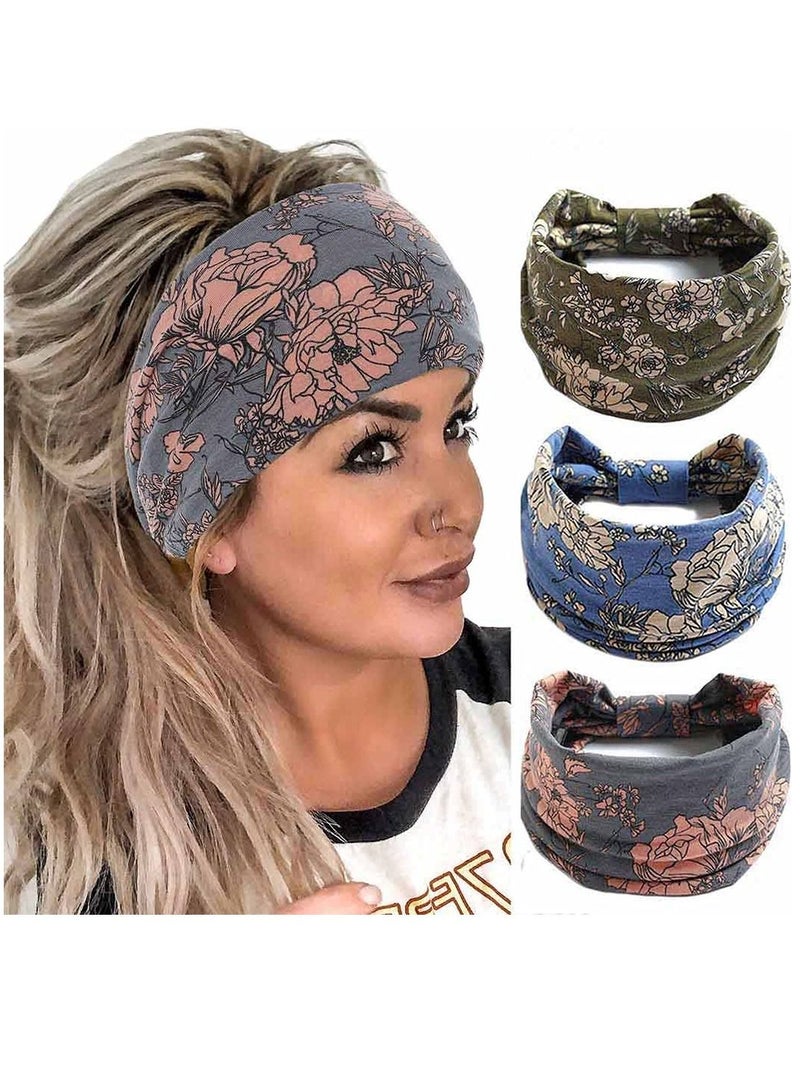 KASTWAVE Head Scarf Women, Bandeau Headbands Wide Knot Hair Scarf Floral Printed Hair Band Elastic Turban Thick Head Wrap Stretch Fabric Cotton Head Bands Thick Fashion Hair Accessories for Women Pack of 3  - Image 1
