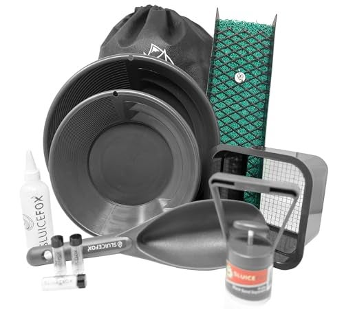 Sluice Fox Compact Gold Prospecting Kit with 12 Pocket Sluice Box Includes Miners Moss Gold Trap Mat Classifier Pan Vials and Tote Backpack Black - Image 1