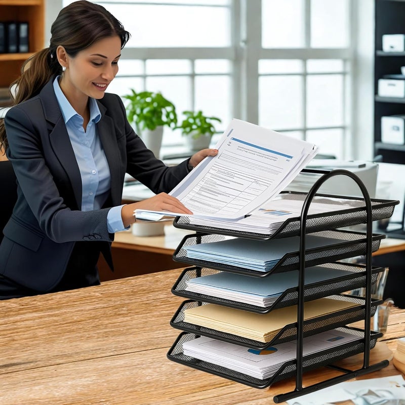 GoodWill Tech ™ Desk File Tray, 5 Tier File Organizer - Black Metal Mesh Desk Tray with Slidable Compartments for A4 Documents, Letters, and Office File Storage - (Black) - Image 5