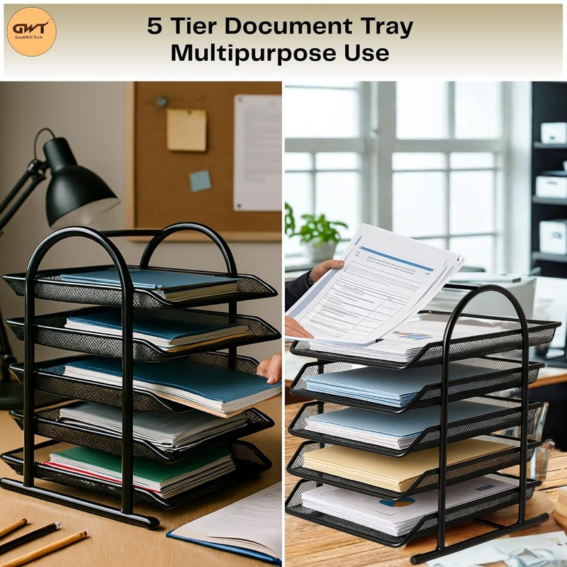 GoodWill Tech ™ Desk File Tray, 5 Tier File Organizer - Black Metal Mesh Desk Tray with Slidable Compartments for A4 Documents, Letters, and Office File Storage - (Black) - Image 4