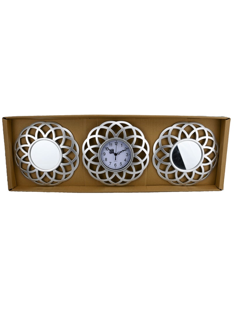 3 Piece Mirror and Wall Clock Set for Living Room, Modern Silver Wall Clock with White Mirror Wall Hanging Decorations, Vintage Style Wall Clocks for Living Room, Silver Wall Clock for Bedrooms 