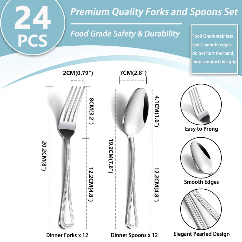 Gymdin 24 Pcs Spoons And Forks Set  Food Grade Stainless Steel With Pearl Dot Design Handle Silverware Set  Mirror Polished Dishwasher Safe  Silverware Forks And Spoons For Home Or Restaurant - Image 2