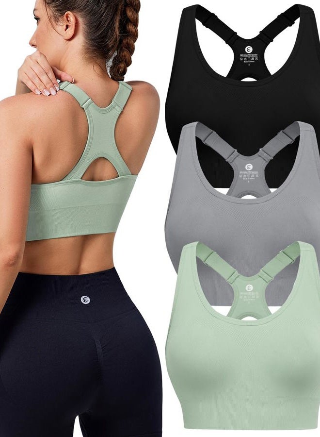 Evercute Adjustable Sports Bras for Women 3/4 Pack Racerback High Support Bras Padded Workout Bras Seamless Yoga Athletic Bra, Black-sage Green-gray 3 Pack, XL - Image 1