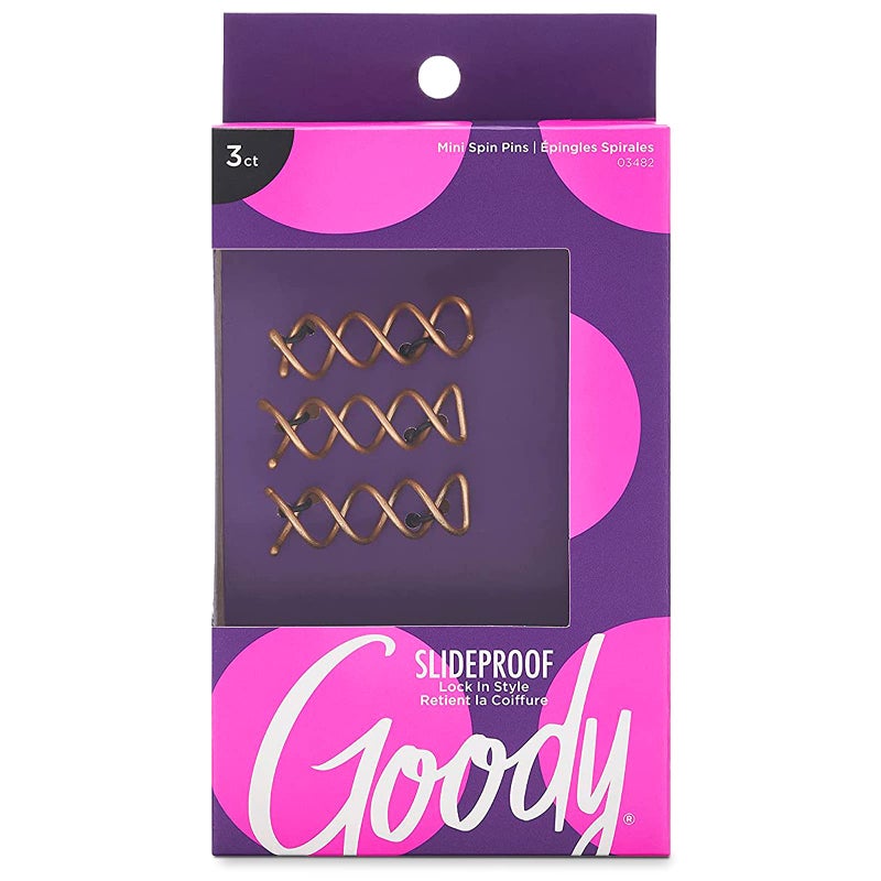 Goody SlideProof Mini Spin Pins - 3 Ct, Assorted Colors, Spiral Hair Pins, Quick & Easy Buns, All-Day Twist Pins, Corkscrew Bobby Pins, Pain-Free Hair Accessories for Women & Men, All Hair Types - Image 1