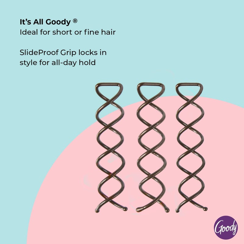 Goody SlideProof Mini Spin Pins - 3 Ct, Assorted Colors, Spiral Hair Pins, Quick & Easy Buns, All-Day Twist Pins, Corkscrew Bobby Pins, Pain-Free Hair Accessories for Women & Men, All Hair Types - Image 3