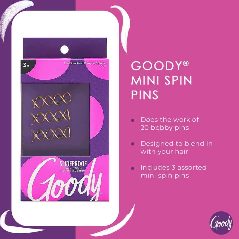 Goody SlideProof Mini Spin Pins - 3 Ct, Assorted Colors, Spiral Hair Pins, Quick & Easy Buns, All-Day Twist Pins, Corkscrew Bobby Pins, Pain-Free Hair Accessories for Women & Men, All Hair Types - Image 2