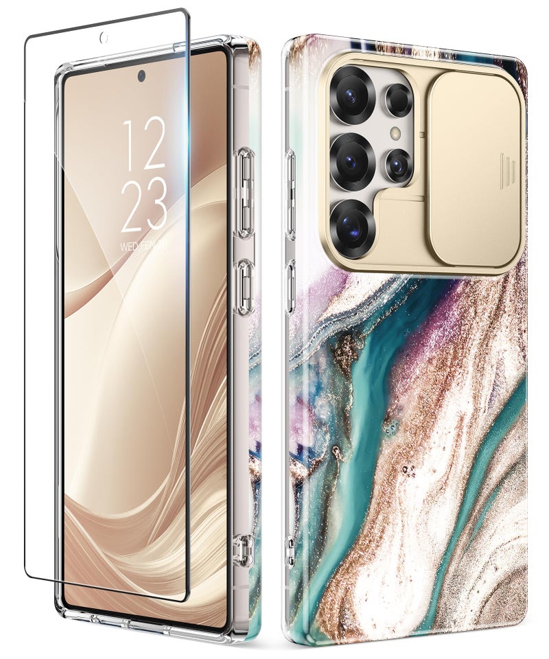 GVIEWIN for Samsung Galaxy S25 Ultra Case with Slide Camera Cover, [Screen Protector] [Shockproof Military Grade Drop Protection] Marble Slim Fit Hard PC Phone Cover S25 Ultra 6.9" 2025 (Drift Sand) - Image 1