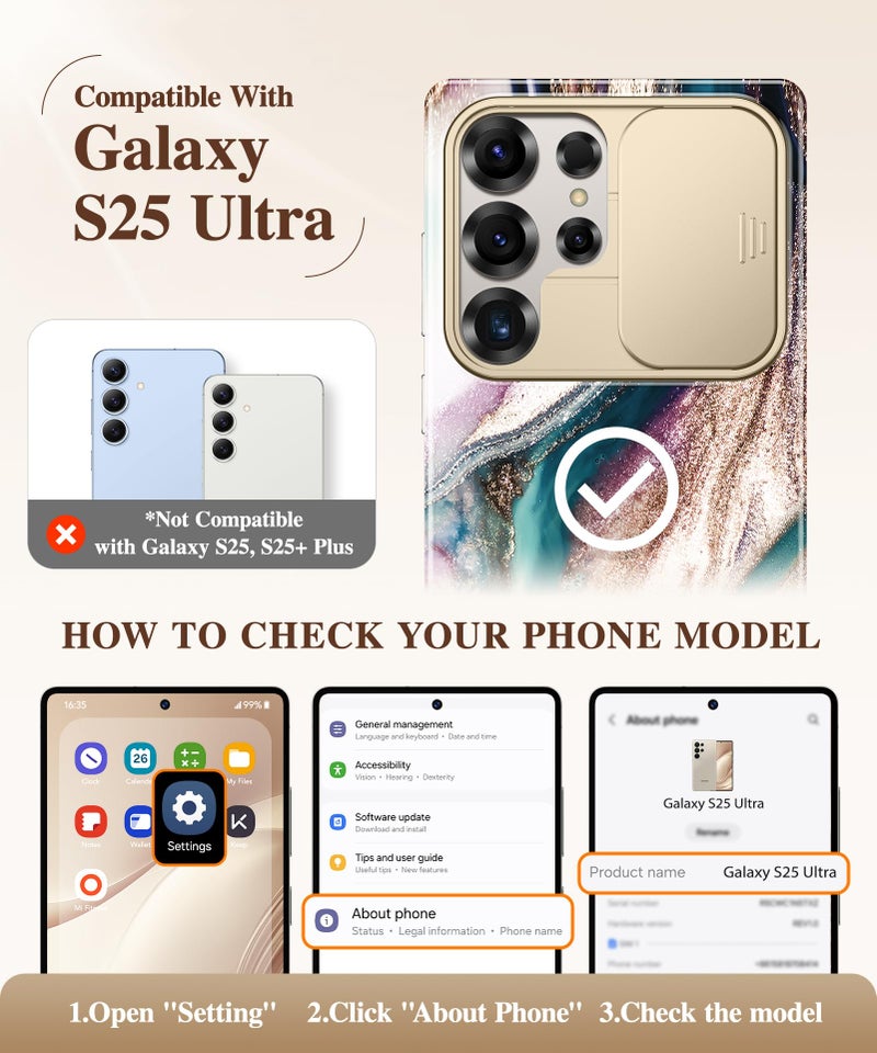 GVIEWIN for Samsung Galaxy S25 Ultra Case with Slide Camera Cover, [Screen Protector] [Shockproof Military Grade Drop Protection] Marble Slim Fit Hard PC Phone Cover S25 Ultra 6.9" 2025 (Drift Sand) - Image 2