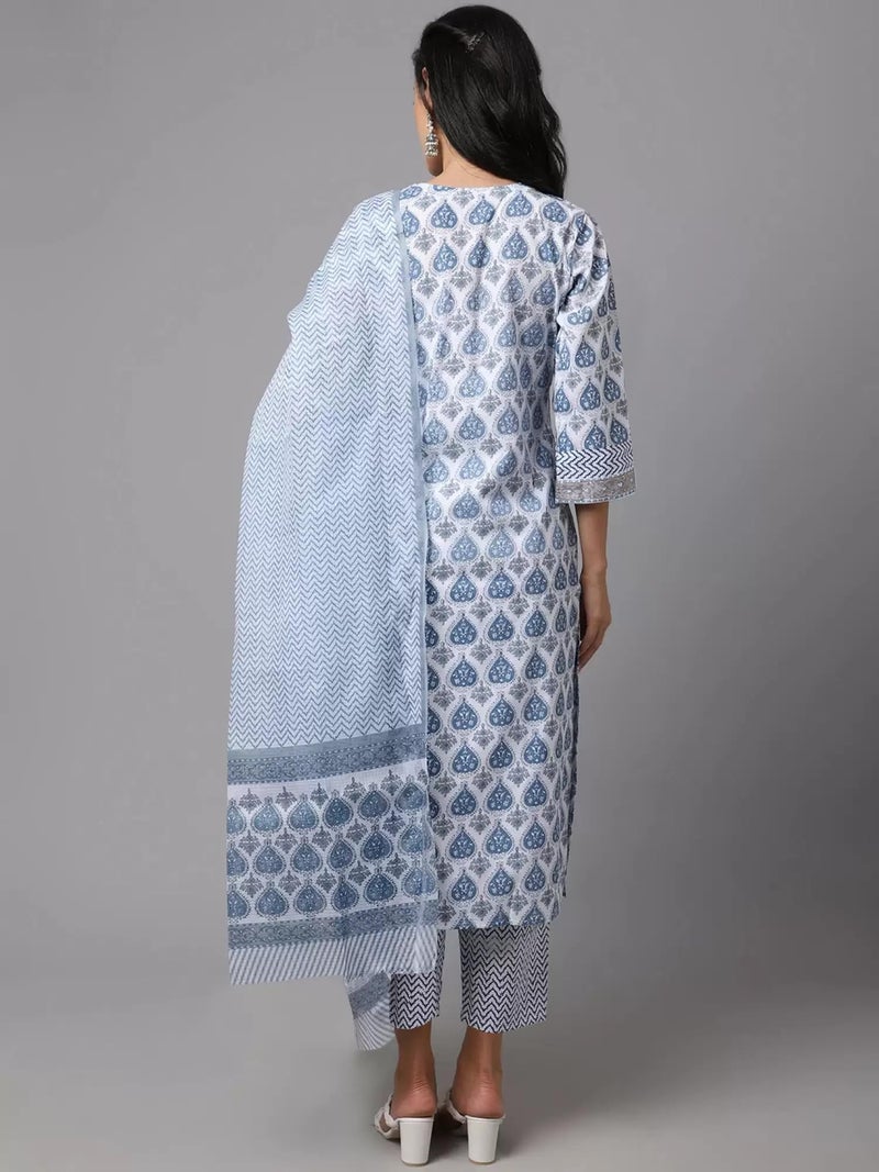 Tee Projekt Women's Cotton Blend Kurta Set with Dupatta | Kurta Set for Women | Festive Kurta Set for Women | Regular Fit Kurta Blue - Image 2