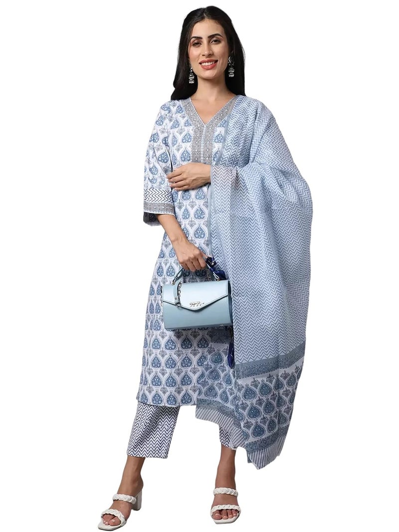 Tee Projekt Women's Cotton Blend Kurta Set with Dupatta | Kurta Set for Women | Festive Kurta Set for Women | Regular Fit Kurta Blue - Image 5