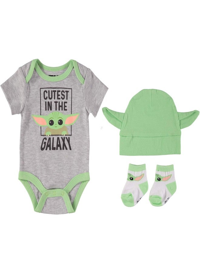 Happy Threads STAR WARS Yoda Baby Boys Bodysuit Bootie Socks and Hat 3 Piece Gift Set (Grey/Green/White, 0-6 Months) - Image 1