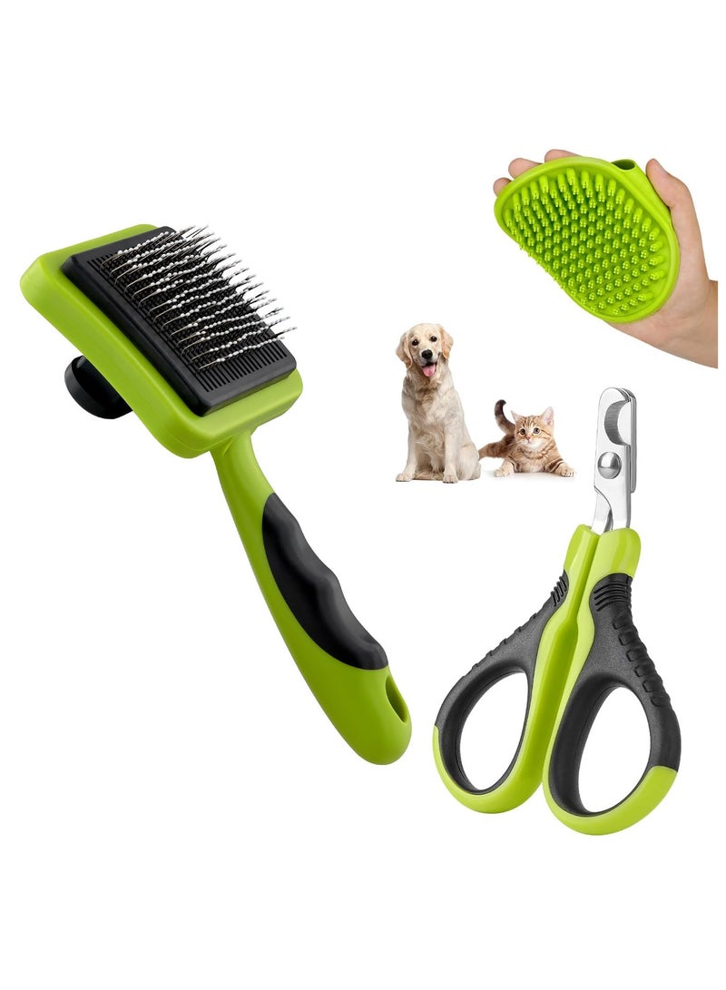 3PCS Cat Grooming Kit, Cat Brush,Cat Brushes for indoor Cats,Cat Nail Clipper,Cat Nail Trimmer,Cat Bath Brush,Cat Brush for Shedding - Premium Cat Supplies (Green) - Image 1