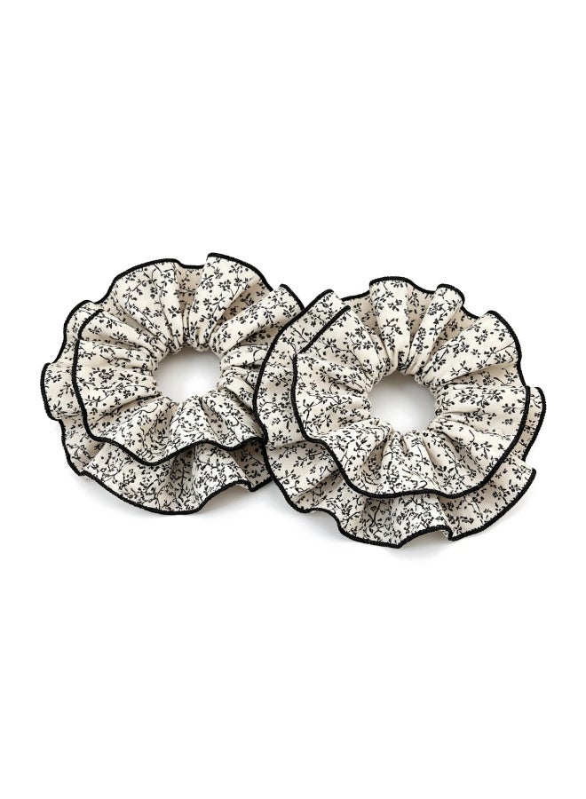 French Versatile Ruffled Scrunchies, Cream Twig Floral Print, Double-Layer, 2 Pack - Image 1