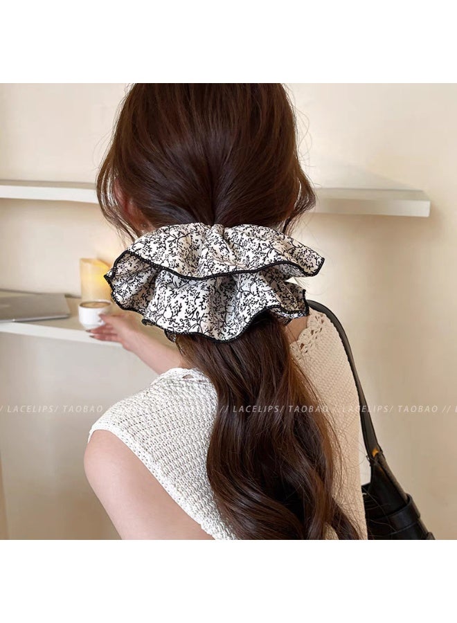 French Versatile Ruffled Scrunchies, Cream Twig Floral Print, Double-Layer, 2 Pack - Image 2