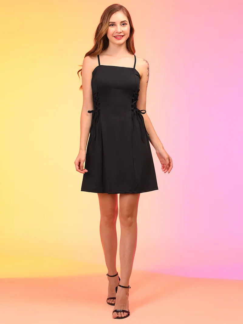 globus Women Black Shoulder Straps Waist Tie Up A-Line Dress