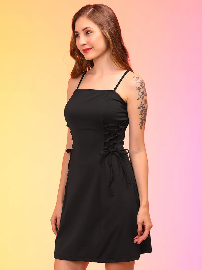 globus Women Black Shoulder Straps Waist Tie Up A-Line Dress