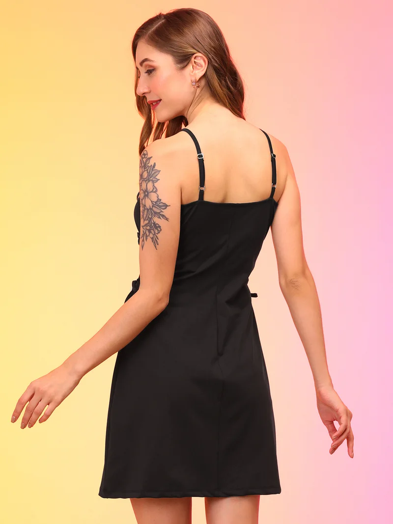 globus Women Black Shoulder Straps Waist Tie Up A-Line Dress