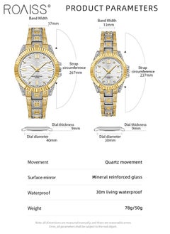 roaiss Stainless Steel Strap Couple Quartz Watch Set, Analog Display Round Dial, Waterproof Luminous Exquisite Fashion Wristwatch Suitable for Men Women, Gold and Silver  - Image 4