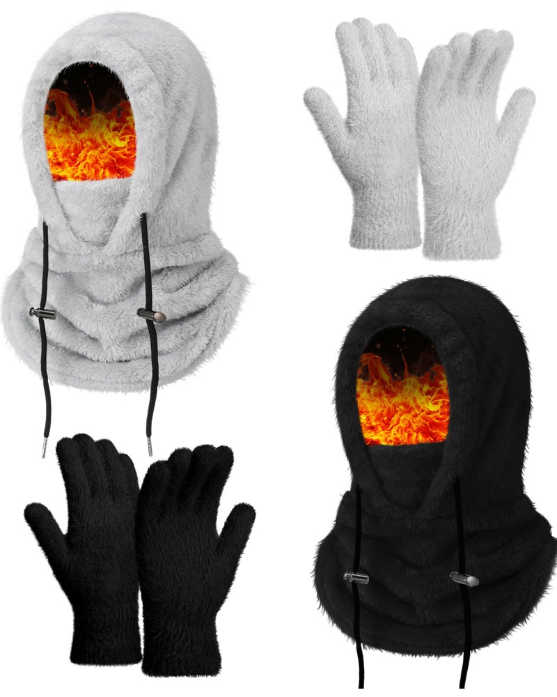 Chicingyou 4 Pcs Winter Fleece Balaclava Ski Face Mask and Glove Set for Men Women Windproof Sherpa Hood Scarf Neck Warm Hat(Black and Grey) - Image 1