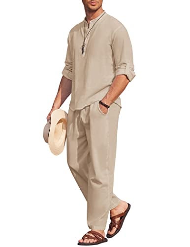 COOFANDY Mens 2 Pieces Cotton Linen Set Long Sleeve Henley Shirts Casual Beach Pants With Pockets Summer Yoga Outfits - Image 1