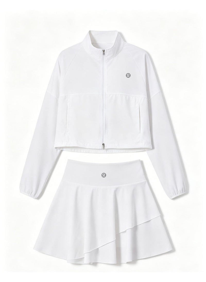 Lululemon ice breathable UV-proof quick-drying yoga clothes high neck drawstring pocket long sleeve coat short skirt two-piece female - Image 2