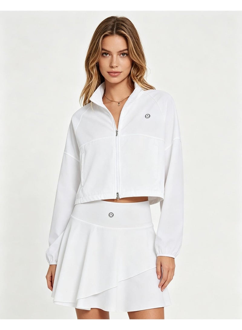 Lululemon ice breathable UV-proof quick-drying yoga clothes high neck drawstring pocket long sleeve coat short skirt two-piece female - Image 1