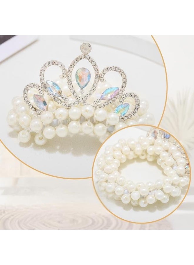 Pearl Crown Hair Ties for Girls, Rhinestone Tiaras Scrunchies, Crystal Elastic White Hair Accessories(Pack of 3) - Image 2