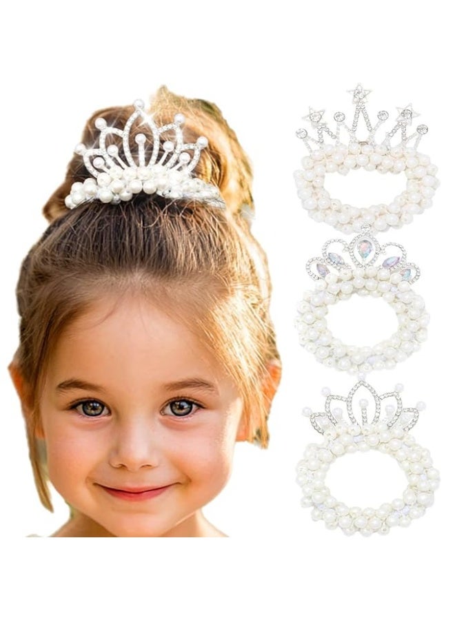 Pearl Crown Hair Ties for Girls, Rhinestone Tiaras Scrunchies, Crystal Elastic White Hair Accessories(Pack of 3) - Image 1