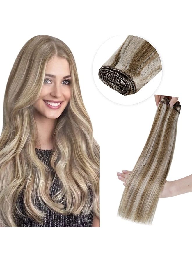 LaaVoo Human Hair Sew in Weft Extensions 20" 100 Grams Light Brown Highlights Blonde Weft Human Hair Extensions Straight Hair Bundles Thick Hair for Women