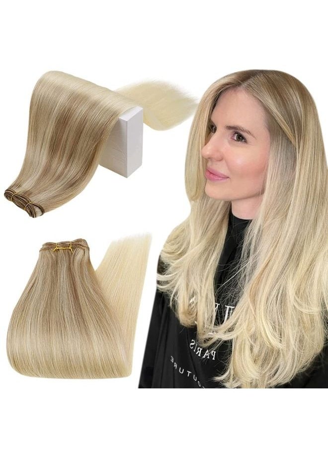 RUNATURE Weft Hair Extensions Blonde Hair Weft Extensions Real Human Hair 16 Inch 100g Balayage Ash Blonde Fading to Platinum Blonde Sew in Hair Extensions Remy Human Hair Straight Weft Extensions Ful  - Image 1