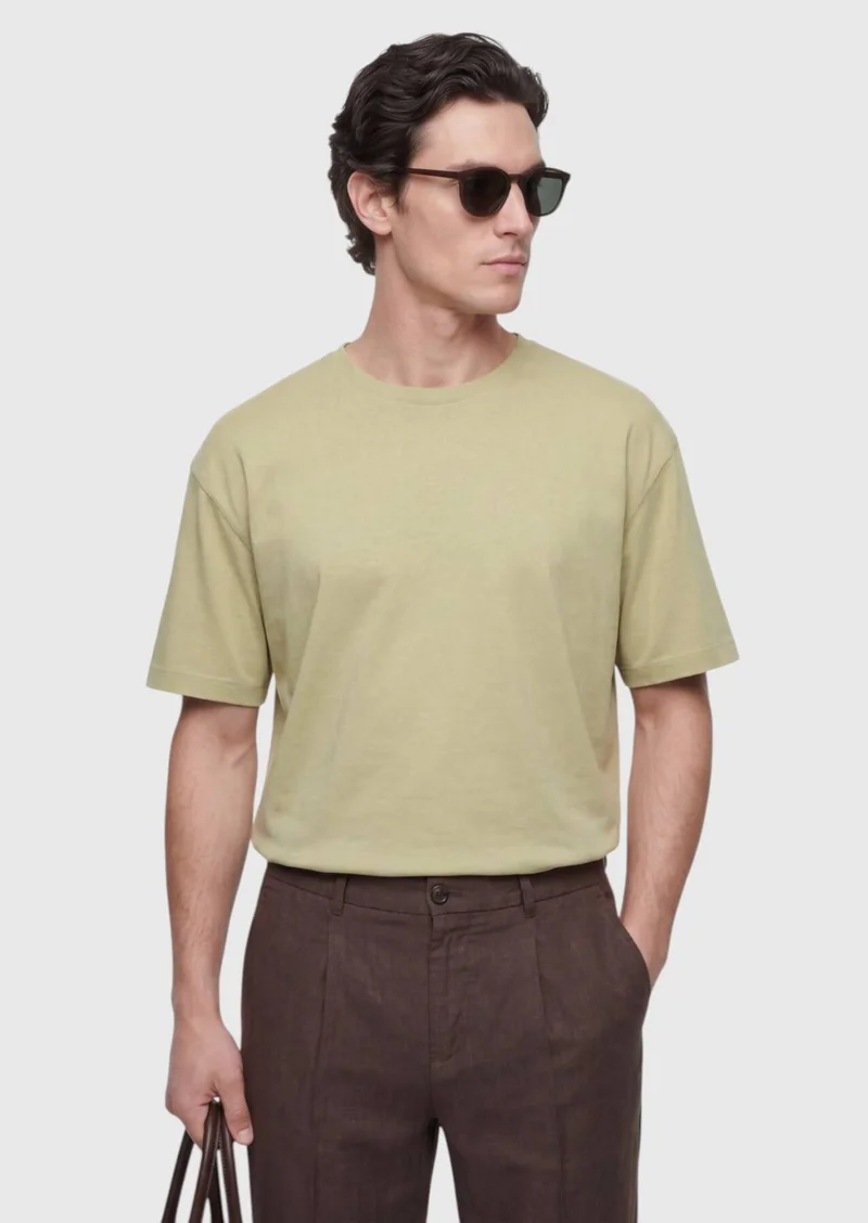 RAMSEY Oil Green Plain Cotton Blended T-Shirt