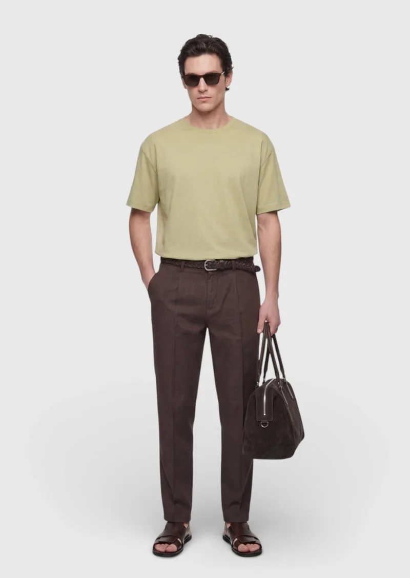 RAMSEY Oil Green Plain Cotton Blended T-Shirt