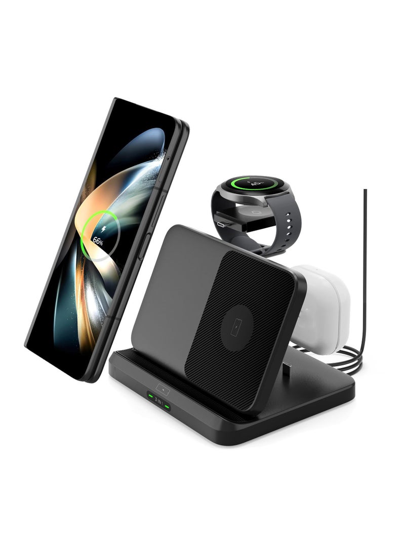 SOLARAE 3-in-1 Foldable Wireless Charging Station for Samsung Galaxy Z Fold 5/4/3, Z Flip 5/4/3, S23/S22/S21/S20, Note 20/10 Ultra, Watch 6/5/Pro/4/3/Active, Buds/2/Pro/Live - Fast Charger. - Image 1