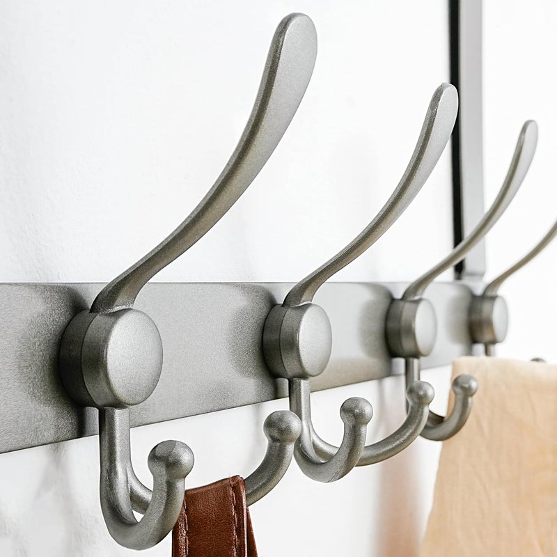 Dseap Over The Door Hook Hanger - 5 Tri Hooks, Heavy Duty Over The Door Towel Rack Coat Rack for Clothes Hat Towel, Grey, Pack of 2 - Image 2