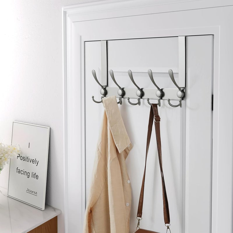 Dseap Over The Door Hook Hanger - 5 Tri Hooks, Heavy Duty Over The Door Towel Rack Coat Rack for Clothes Hat Towel, Grey, Pack of 2 - Image 3