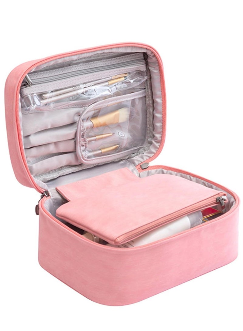 Large Capacity Cosmetic Bag Leather Cosmetic Bag Toiletry Bag Portable Cosmetic Storage Bag Travel Cosmetic Bag for Women and Men (Pink) - Image 1