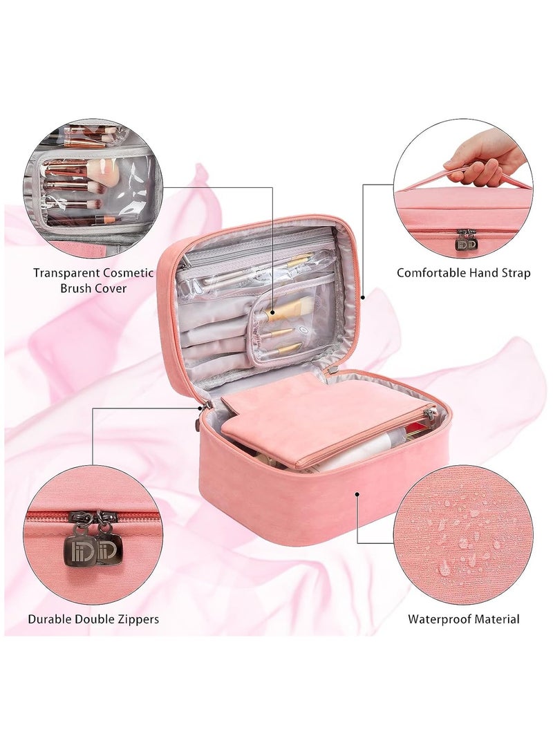 Large Capacity Cosmetic Bag Leather Cosmetic Bag Toiletry Bag Portable Cosmetic Storage Bag Travel Cosmetic Bag for Women and Men (Pink) - Image 3