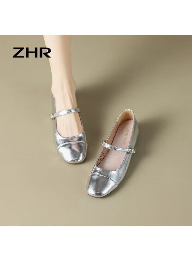 Zhr Women's Autumn Single Shoes Shallow Mouth Mary Jane Shoes Mirror One-word Buckle Women's Shoes Ah335 Silver 37 - Image 3